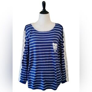 Angora Blend Blue & Ivory Striped Lace Detail Sweater Young Threads ModCloth NEW